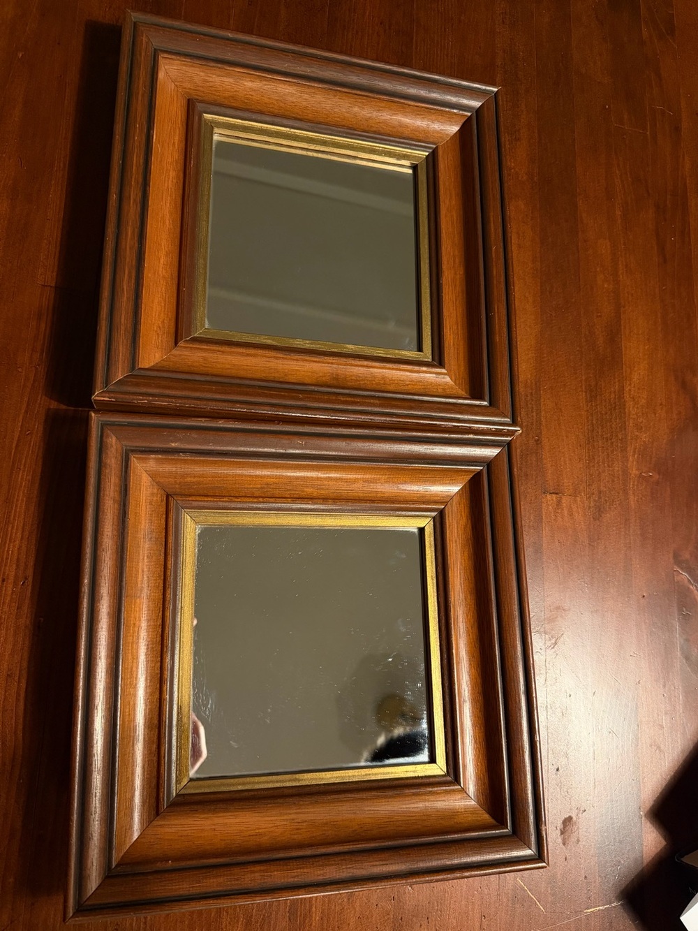 Classic Wood Frame Wall Mirrors Pair in Brown with Gold Accents